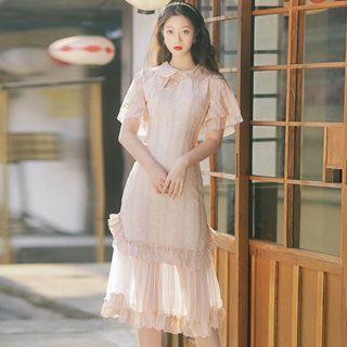 Short-sleeve Frill Trim Lace Midi A-line Dress