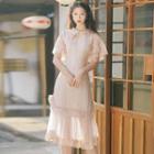 Short-sleeve Frill Trim Lace Midi A-line Dress