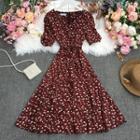 Short-sleeve V-neck Floral Midi A-line Dress