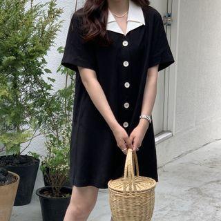 Short-sleeve Notch Lapel Button-up Blouse