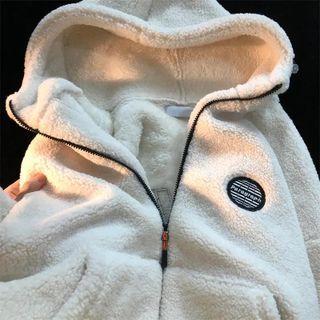Lettering Embroidered Hooded Zip Fluffy Jacket