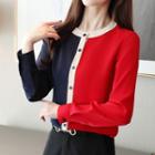 Long-sleeve Color-panel Buttoned Top