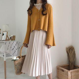 Long-sleeve Chiffon Top / V-neck Cardigan / Midi Accordion Pleated Skirt
