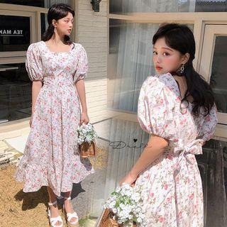 Puff-sleeve Floral Print Midi A-line Dress