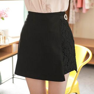 Inset Shorts Faux-pearl Lace-panel Miniskirt
