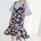 Ruffled-hem Floral-pattern Strappy A-line Dress