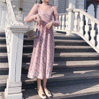 Set: Printed Midi Spaghetti Strap Dress + Mesh Long-sleeve Midi Dress