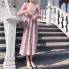 Set: Printed Midi Spaghetti Strap Dress + Mesh Long-sleeve Midi Dress