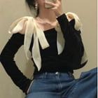 Long-sleeve Cold Shoulder Bow-accent Top Black - One Size