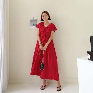 Ruffled V-neck Maxi Dress