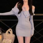 Long-sleeve Off-shoulder Ruffle Trim Knit Mini Sheath Dress Purple - One Size