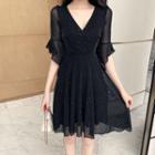 Elbow-sleeve Sequined Mesh Mini A-line Dress