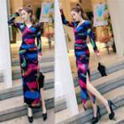Print Long-sleeve Side-slit Maxi Sheath Dress