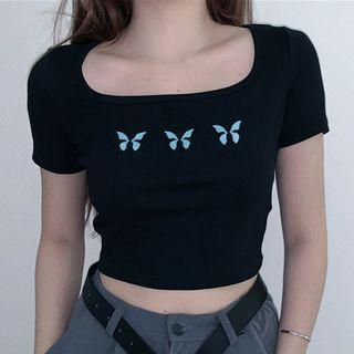 Butterfly Embroidered Short-sleeve Cropped T-shirt Black - One Size