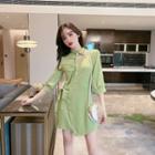 3/4-sleeve Mini A-line Wrap Shirt Dress