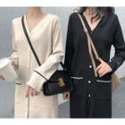 Long-sleeve Buttoned Knit A-line Midi Dress