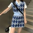 Set: Argyle Sweater Vest + Knit Mini A-line Skirt Set - Vest & Skirt - Argyle - Blue - One Size