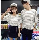 Striped Elbow Sleeve Couple Matching T-shirt
