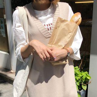 Sleeveless V-neck Knit Dress Beige - One Size