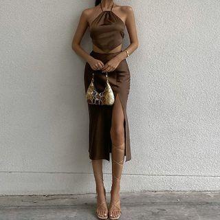Set: Ribbon-back Cropped Halter Top + Slit Midi Pencil Skirt