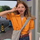 Puff-sleeve V-neck Twist-front Cropped Blouse Pumpkin - One Size