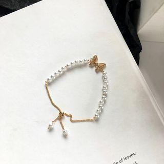 Buttoned Faux Pearl Alloy Bracelet 1 Pc - Bracelet - Gold & White - One Size
