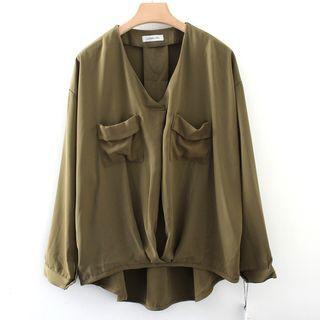 Long-sleeve V-neck Plain Blouse Army Green - L