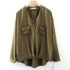Long-sleeve V-neck Plain Blouse Army Green - L