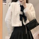 Long-sleeve Shirt / Mini A-line Pleated Skirt / Furry Jacket