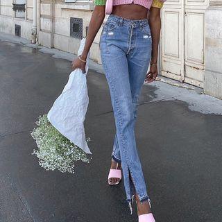 High-waist Washed Slit Boot-cut Jeans