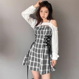 Spaghetti Strap Plaid Lace-up Mini A-line Dress / Shrug