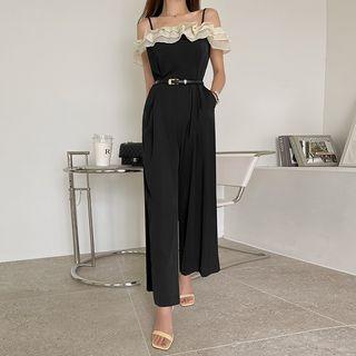 Spaghetti-strap Frill-trim Jumpsuit Black - One Size