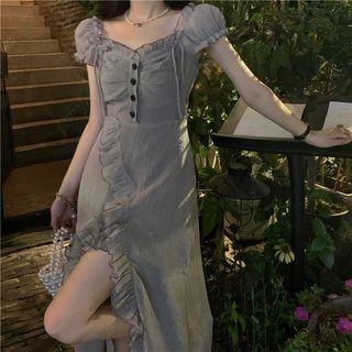 Puff-sleeve Ruffled Trim Slit Bodycon Dress