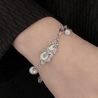 Faux Pearl Chain Bracelet Yellow Rhinestone & White Faux Pearl - Silver - One Size