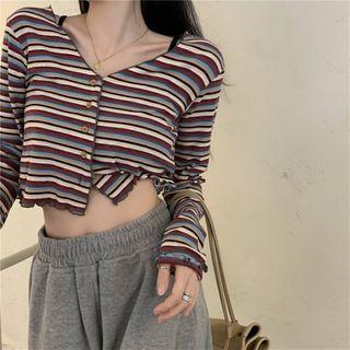 V-neck Striped Cropped T-shirt Stripe - Light Blue & Brown - One Size