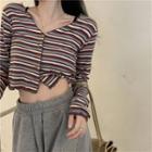 V-neck Striped Cropped T-shirt Stripe - Light Blue & Brown - One Size