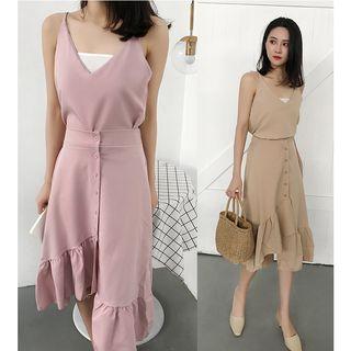 Set: V-neck Camisole Top + Asymmetrical A-line Skirt