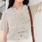 Slit-front Buttoned Gingham Cropped Top