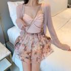 Plain Slim-fit Cardigan / Camisole Top / Floral Skirt