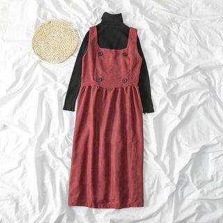 Turtleneck Long Sleeve Top / Buttoned Pinafore Dress