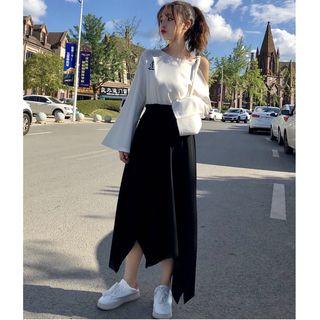 Long-sleeve Cut-out T-shirt / Asymmetrical Midi A-line Skirt