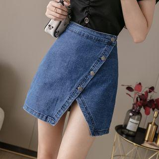 High-waist Asymmetric Button Denim Mini A-line Skirt