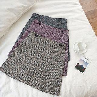 Color-block Plaid High-waist A-line Skirt