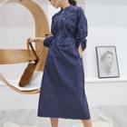Long-sleeve Half-zip Midi Cargo Dress Navy Blue - One Size