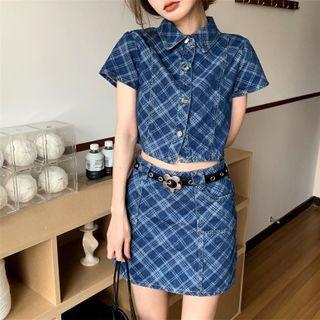 Short-sleeve Plaid Denim Cropped Shirt / Slim-fit Skirt