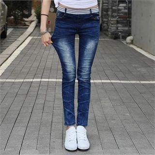 Band-waist Patch Straight-cut Jeans