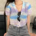 Short-sleeve Button Knit Top Purple & Blue - One Size