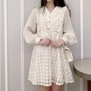 Faux Pearl Button Long-sleeve A-line Mini Dress