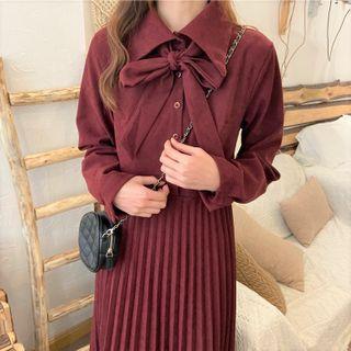 Bow-neck Pleated Midi A-line Shirtdress