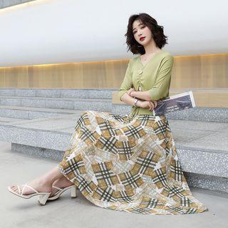 Set: Elbow-sleeve Drawstring Knit Top + Plaid Midi A-line Skirt